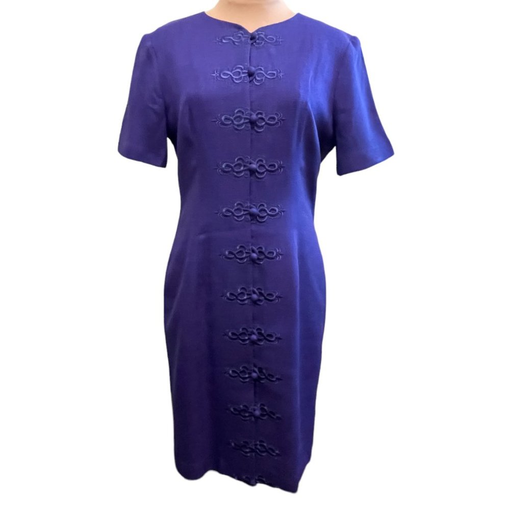 Vintage Ann Tobias Women Dress Size 8 Purple or Dk Blue Short Sleeve 80's
